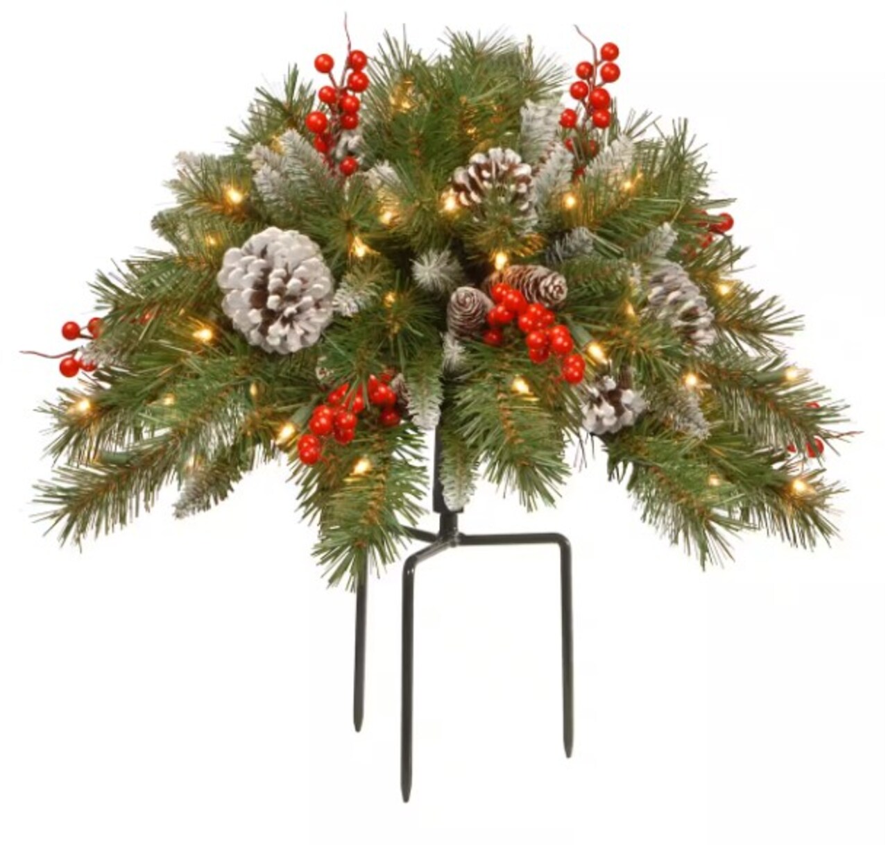 Frosted Berry Artificial Christmas Urn Filler 18' Pre-lit with Cones, Red Berries, Tripod Stake, and Warm White LED Lights